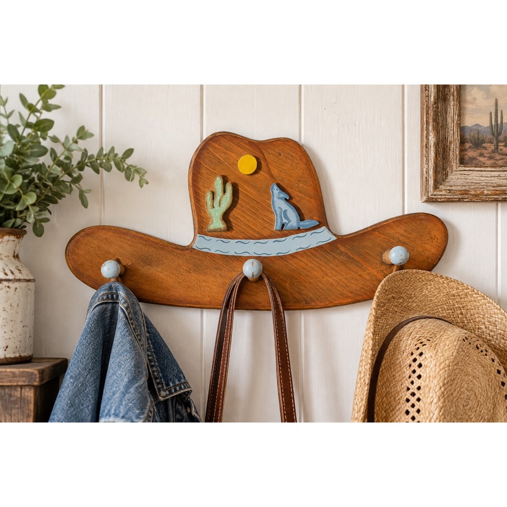 Vintage Texas Folk Art Cowboy Hat Wall Rack Coyote Cactus Wood Peg Hooks 17"